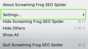 Step 1: Screaming Frog > Settings