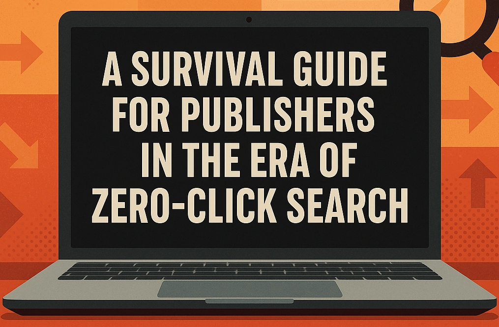 publishing-survial-guide-google-traffic A photoshop drawing of a laptop, screen reads "A survival guide for publishers in the era of zero-click search"