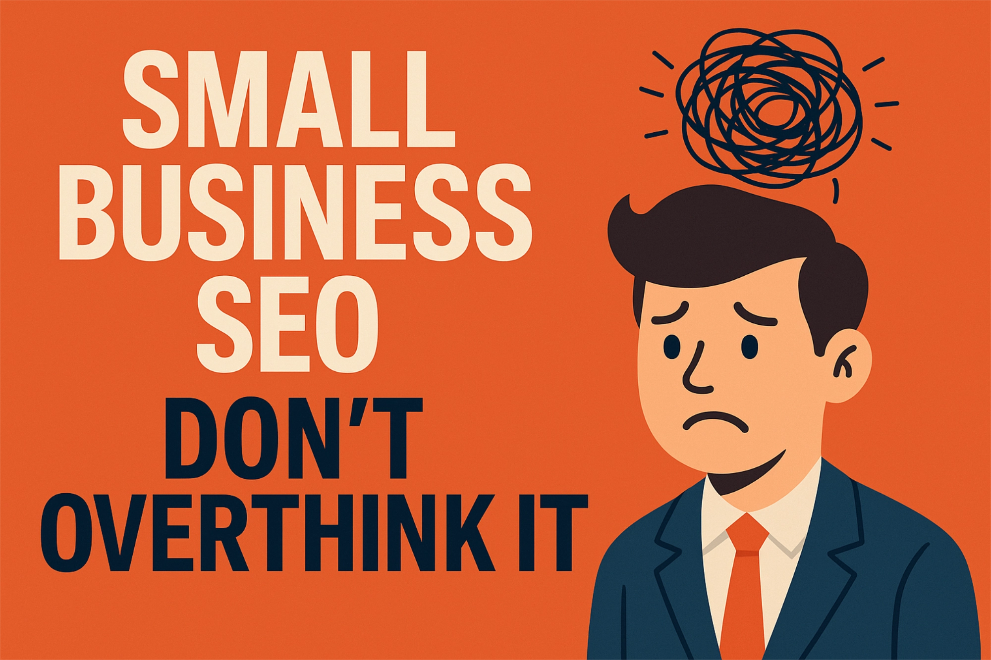 stoopid-simple-seo-guide-small-businesses A cartoon man looking confused, next to text reading "small business seo - don't overthink it"