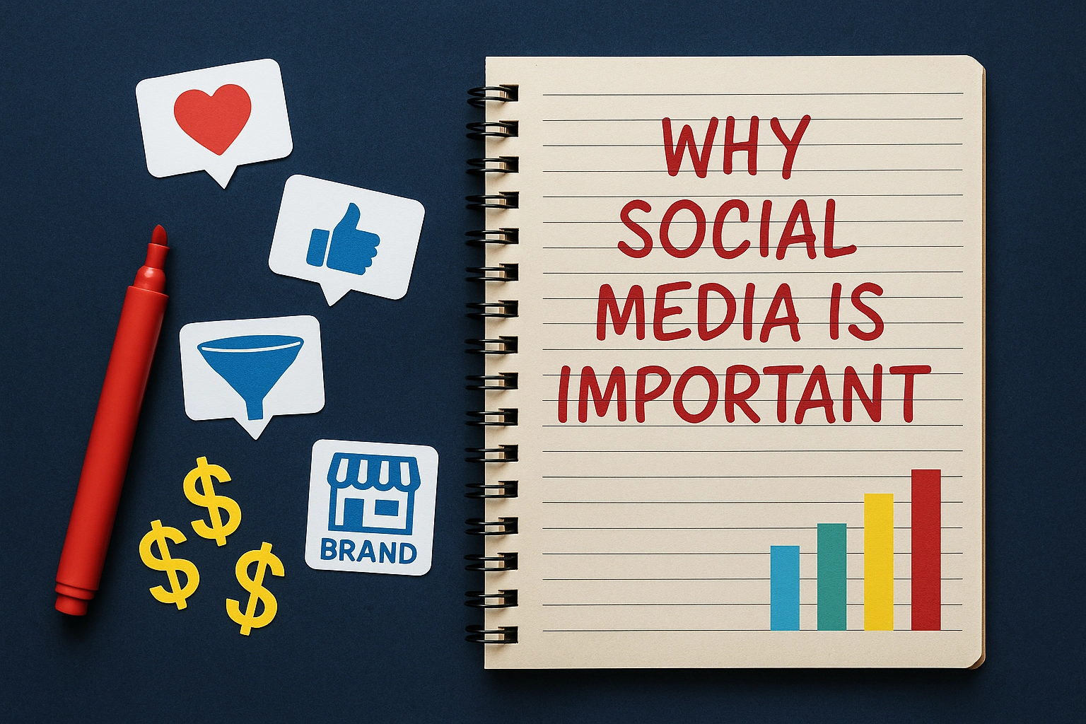 Decorative image with a notebook that reads "Why social media is important"